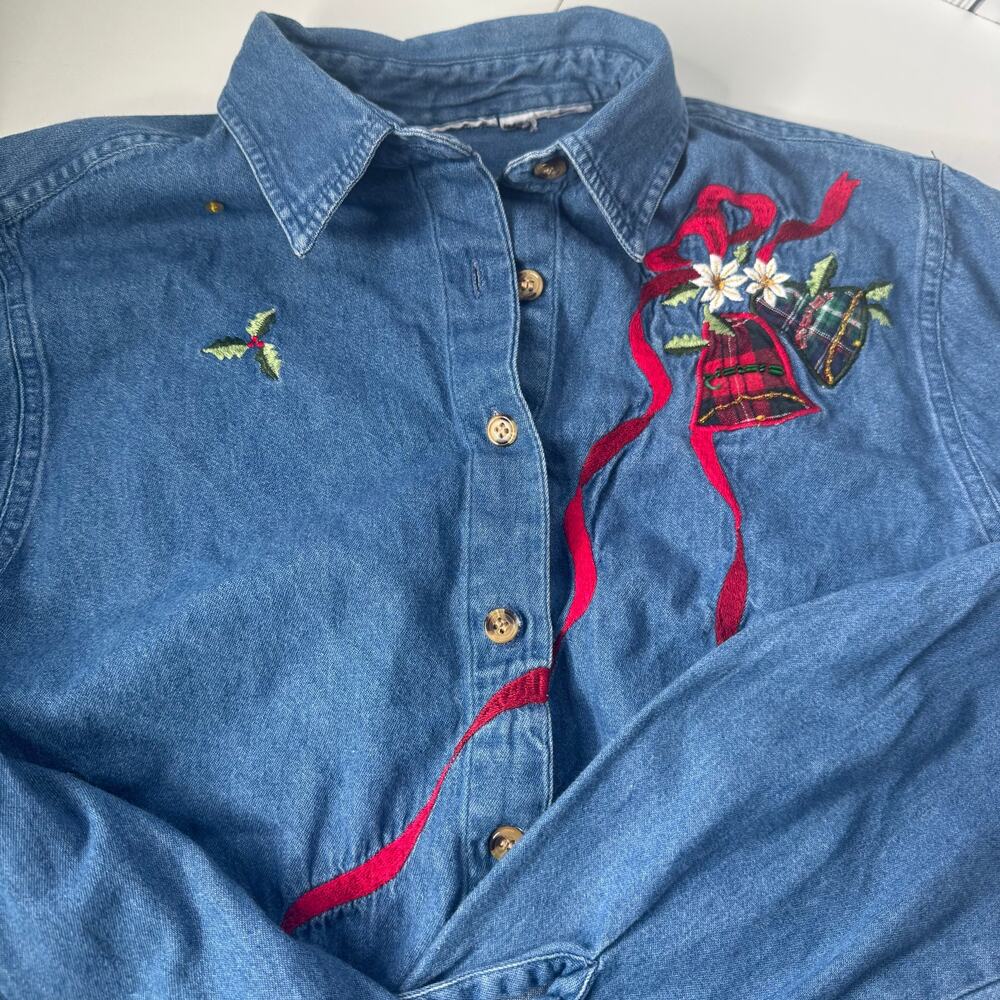 Vintage 90s Christmas Denim  Shirt Embroidered Bells Ribbons Button Down No Tag